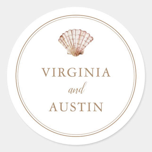 Simple Classic Seashell Beach Wedding Round Sticker (Front)