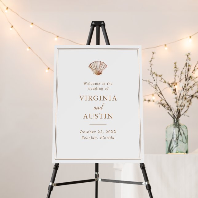 Simple Classic Seashell Beach Wedding Welcome Sign (In Situ (Stand))