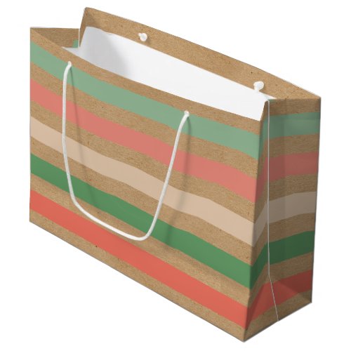 Simple Classic Stripes Pattern On Faux Brown Kraft Large Gift Bag