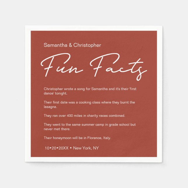 SImple Classic Terra Cotta Wedding fun facts  Napkins (Front)