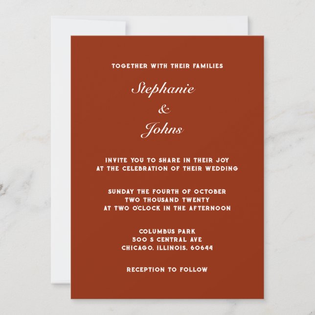 Simple Classic Terracotta Warm Earth Color Wedding Invitation (Front)