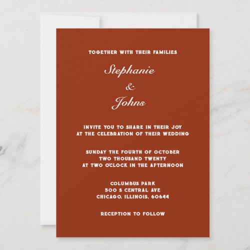 Simple Classic Terracotta Warm Earth Color Wedding Invitation