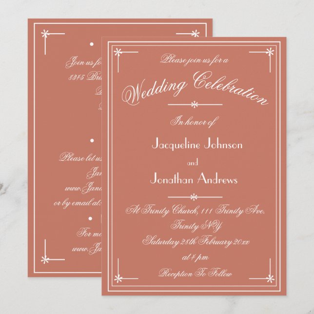 Simple Classic Terracotta White All In One Wedding Invitation (Front/Back)
