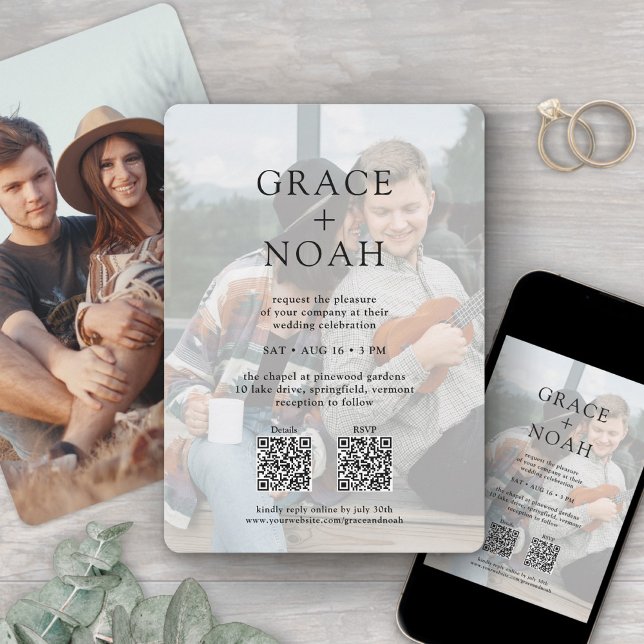 Simple Classic Typography 2 Photo QR RSVP Wedding Invitation (Creator Uploaded)