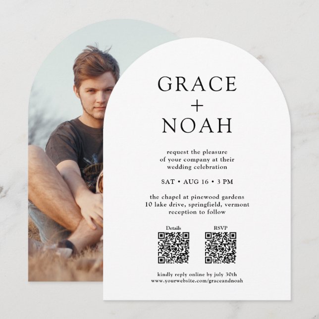 Simple Classic Typography Photo & QR RSVP Wedding Invitation (Front/Back)