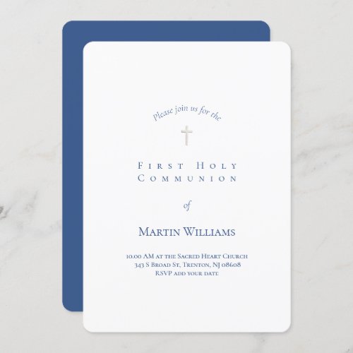 simple classic white and blue First Communion boy Invitation