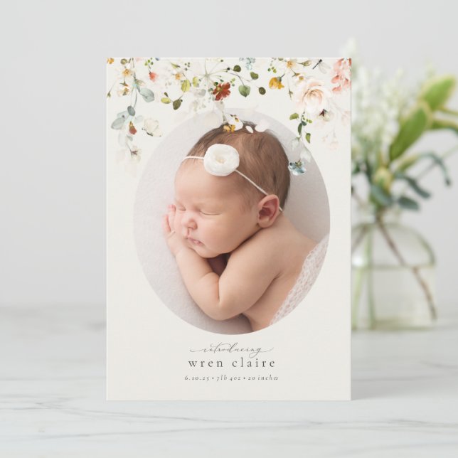 Simple Classic Wildflower Photo Birth Announcement (Standing Front)