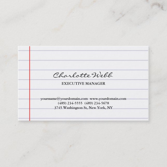 Simple Classical Script Lined Paper Consultant Business Card (Front)