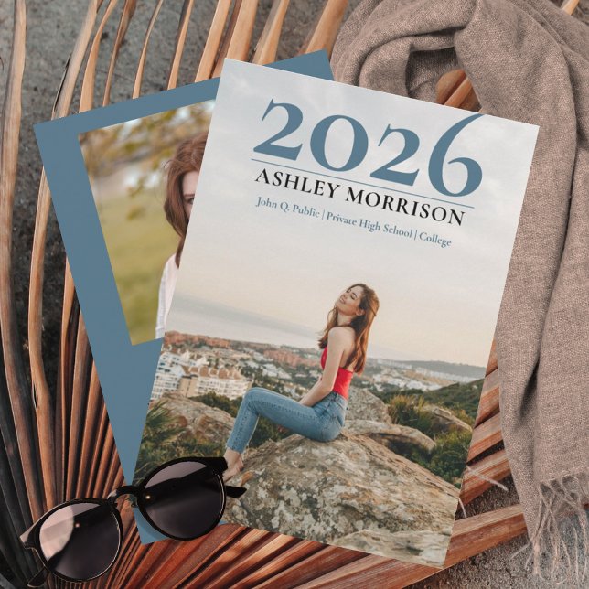 Simple Classy 2024 Two Photo - Blue Graduation  Invitation (Simple Classy 2026 Two Photo Blue Graduation Announcement -- Print | Digital Download)