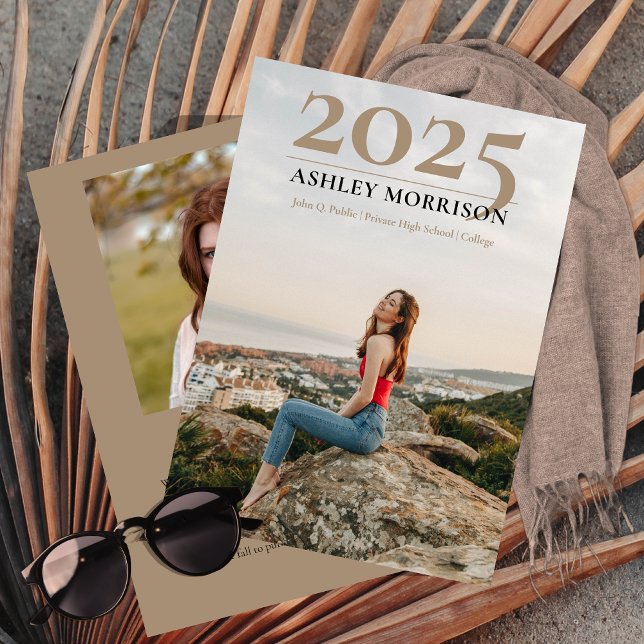 Simple Classy 2026 Two Photo - Tan Graduation  Invitation (Simple Classy 2024 Two-Photo Sand Beige Graduation Announcement)