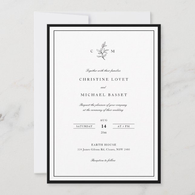 Simple classy black and white foliage wedding invitation (Front)