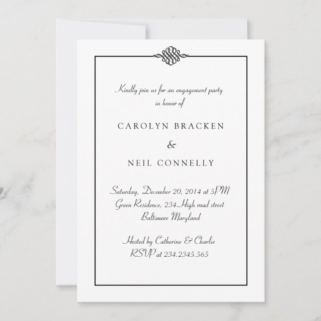 Simple Classy Black White Engagement Party Invitation (Front)