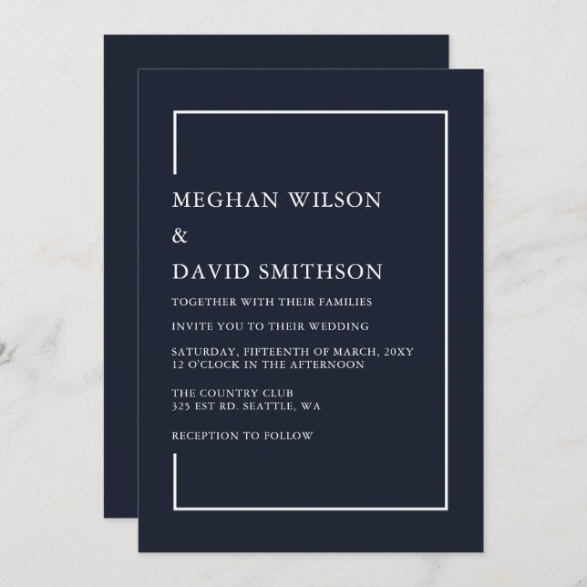 Simple Classy Elegant Navy Modern Wedding Invitation (Front/Back)
