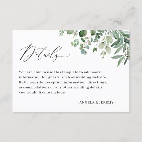 Simple Classy Eucalyptus Leaves Wedding Details Enclosure Card - Simple Classy Eucalyptus Leaves Wedding Reception Details Card. The word "Reception" and "Accommodations" scripts are also included in this template. Please click on the "customize further" link and use our design tool to modify this template. If you need help or matching items, please contact me.