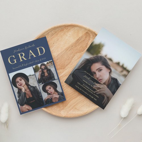 Simple Classy Navy Blue and Gold Photo Graduation  Invitation