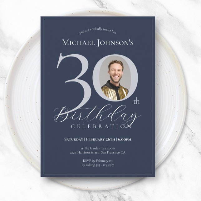 Simple Classy Navy Blue Silver Photo 30th Birthday Invitation (Simple Classy Navy Blue Silver Photo 30th Birthday Invitation)