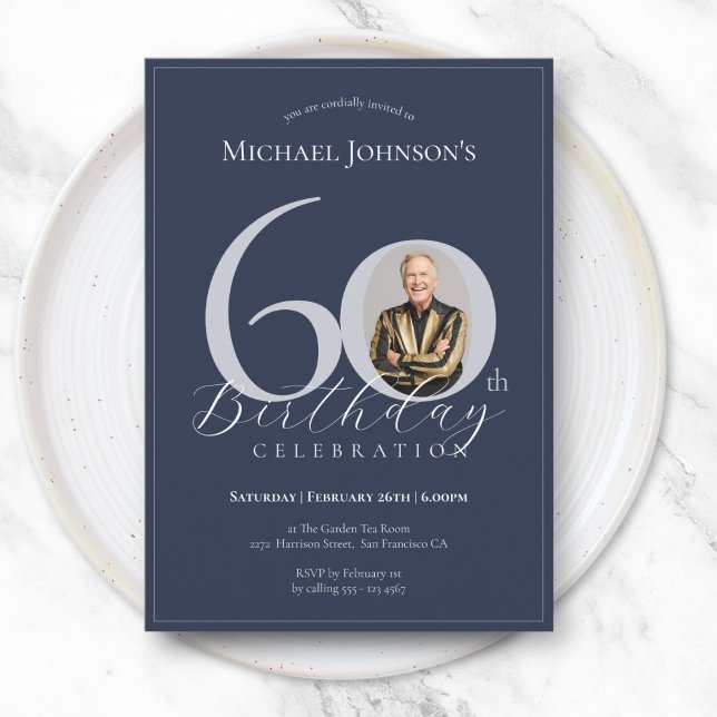 Simple Classy Navy Blue Silver Photo 60th Birthday Invitation (Simple Classy Navy Blue Silver Photo 60th Birthday Invitation)