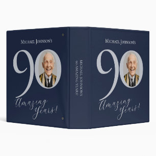 Simple Classy Navy Blue Silver Photo 90th Birthday 3 Ring Binder