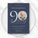 Simple Classy Navy Blue Silver Photo 90th Birthday Invitation<br><div class="desc">Simple Classy Navy Blue Silver Photo 90th Birthday Invitation. Honor a remarkable milestone with this simple and classy design featuring a navy blue background, soft silver typography, and a timeless photo-centered design. Perfect for elegant adult celebrations, this refined layout suits formal gatherings, family events, and meaningful milestone parties. Easily customize...</div>
