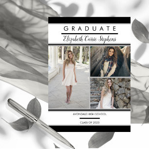 Simple Classy Three Photo Black   White Graduation
