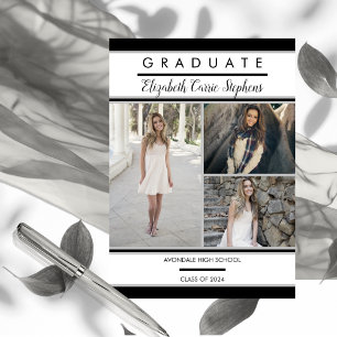 Simple Classy Three Photo Black   White Graduation Announcement