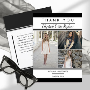 Simple Classy Three Photo Black White Graduation Thank You Card