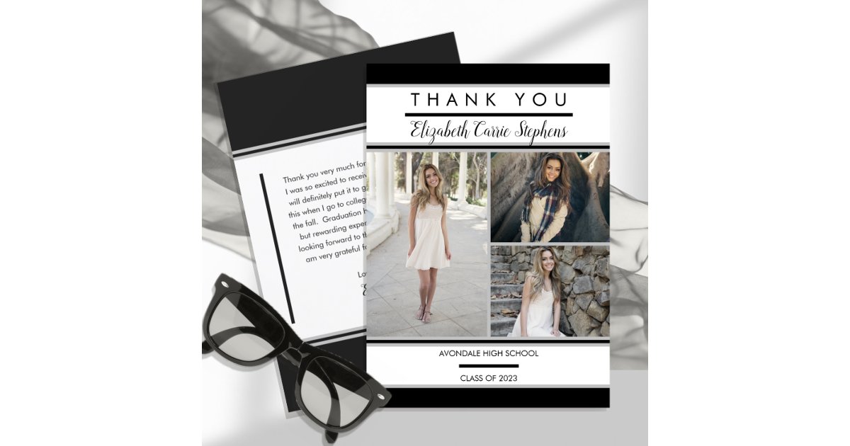 Simple Classy Three Photo Black | White Graduation Thank You Card
