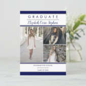 Simple Classy Three Photo Blue | White Graduation Announcement (Standing Front)