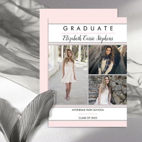 Simple Classy Three Photo Blush Pink Graduation Announcement