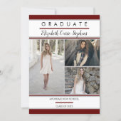 Simple Classy Three Photo Dk Red Graduation Announcement (Front)
