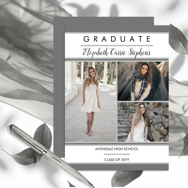Simple Classy Three Photo Gray Graduation Announcement (Simple Classy Three Photo Collage Gray and White Graduation Announcement - Print | Download)
