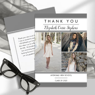 Simple Classy Three Photo Gray White Graduation Thank You Card