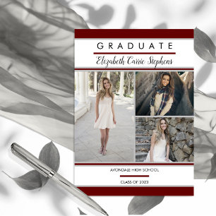 Simple Classy Three Photo Maroon White Graduation