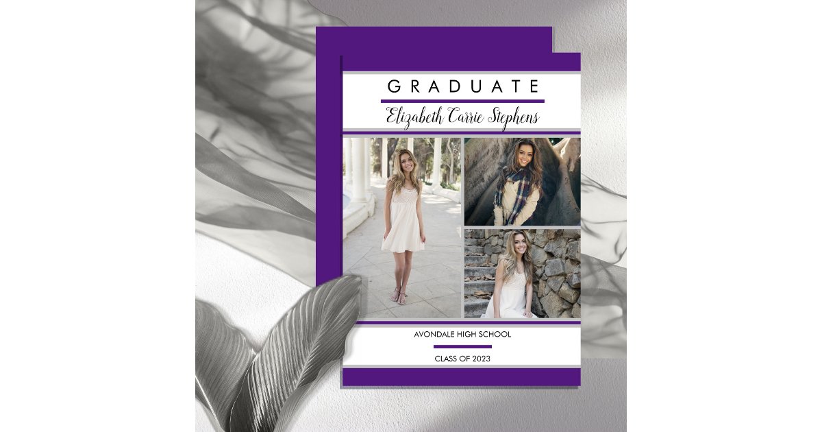 Simple Classy Three Photo Purple Graduation Announcement | Zazzle