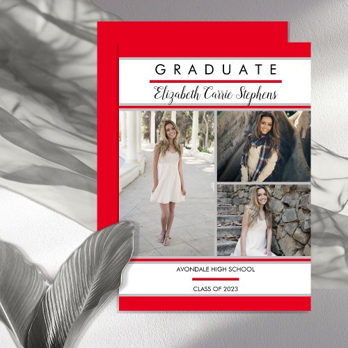 Simple Classy Three Photo Red Graduation Announcement