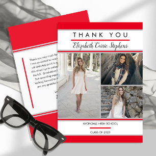 Simple Classy Three Photo Red White Graduation Thank You Card