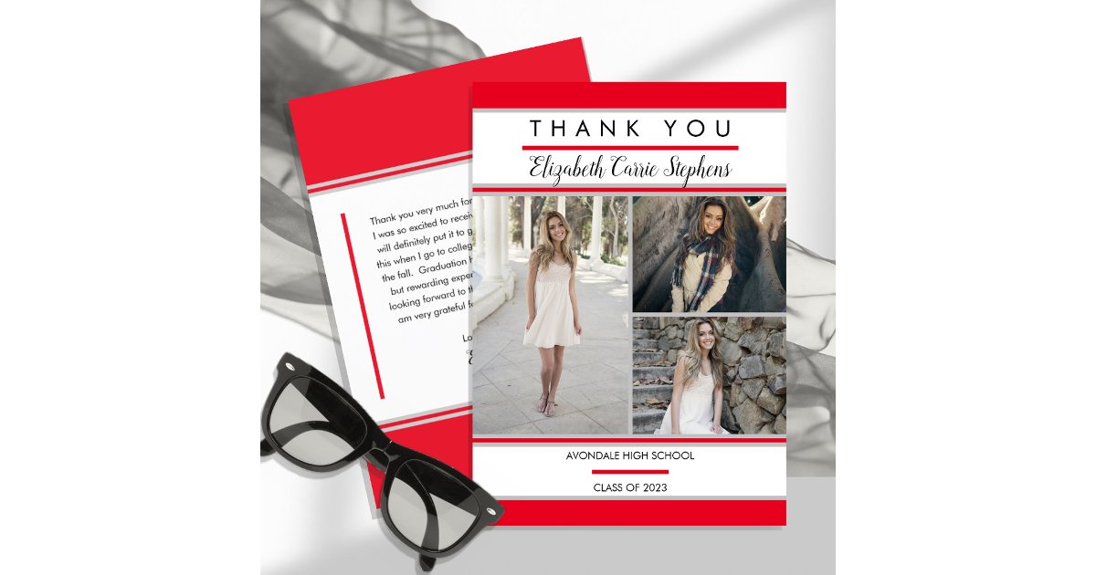 Simple Classy Three Photo Red | White Graduation Thank You Card | Zazzle