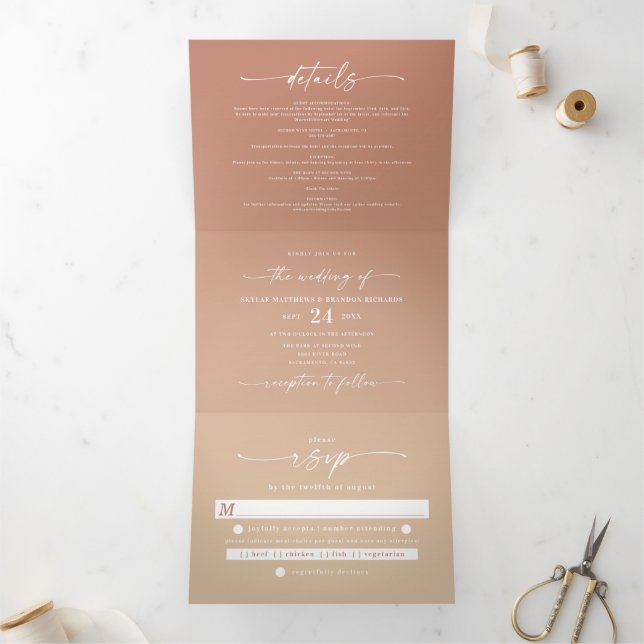 Simple Clay Terra Cotta & Yellow Ombre Wedding Tri-Fold Invitation (Inside)