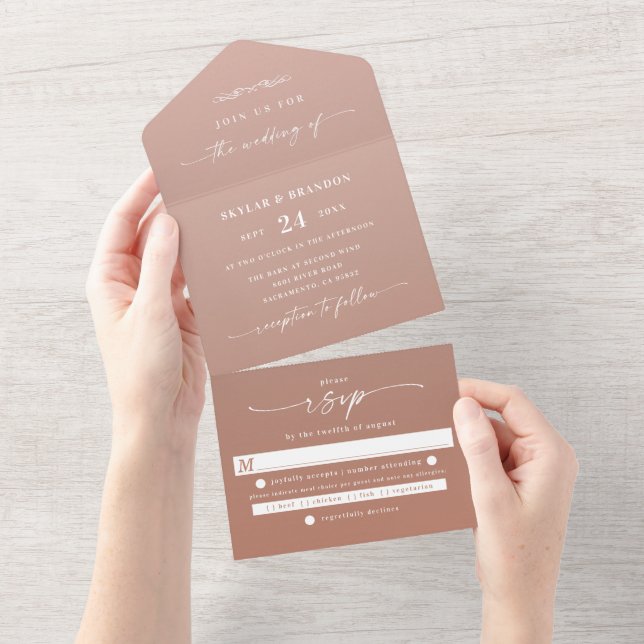 Simple Clay Terracotta & Blush Ombre Wedding All In One Invitation (Tearaway)