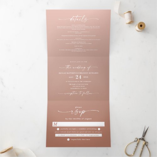 Simple Clay Terracotta  Blush Pink Ombre Wedding Tri_Fold Invitation