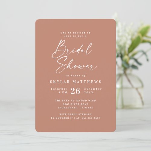 Simple Clay Terracotta Solid Color Bridal Shower Invitation