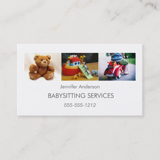 Simple Clean Babysitter Child Care Photo Collage Business Card (Front)
