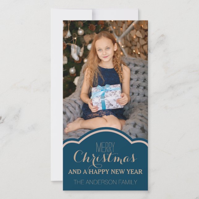 Simple Clean Blue Cream Christmas Holiday Photo Card (Front)
