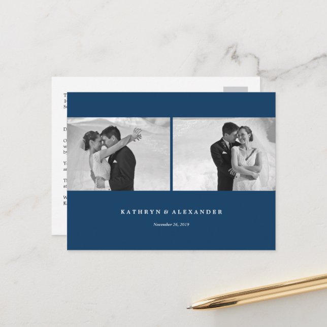 Simple Clean Blue Frame Wedding Thank You 2 Photo Postcard (Front/Back In Situ)