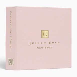 Simple Clean Blush Pink Gold Qr code Monogram 3 Ring Binder