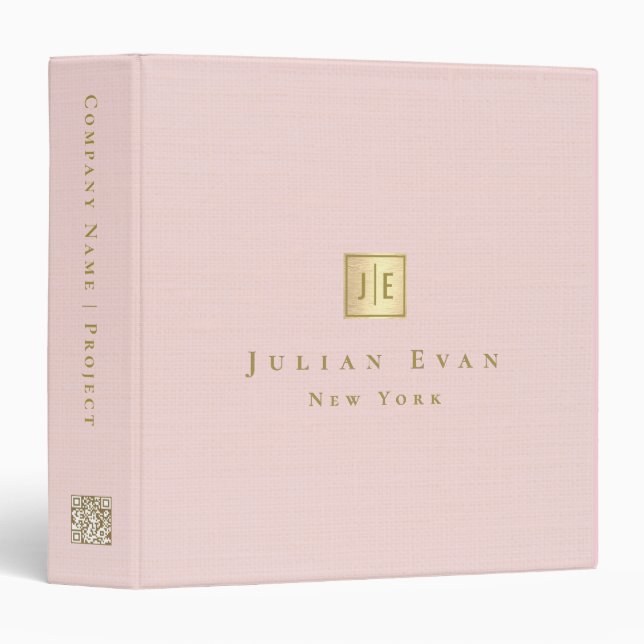 Simple Clean Blush Pink Gold Qr code Monogram 3 Ring Binder (Front/Spine)