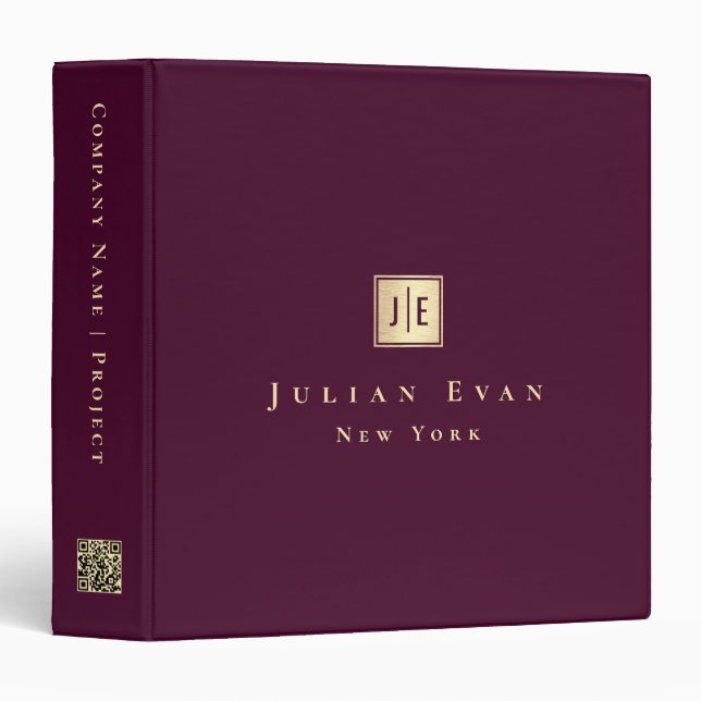 Simple Clean Burgundy Wine Gold Qr code Monogram 3 Ring Binder (Front/Spine)
