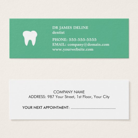 Simple Clean Green White Dentist Appointment Card (Front & Back)