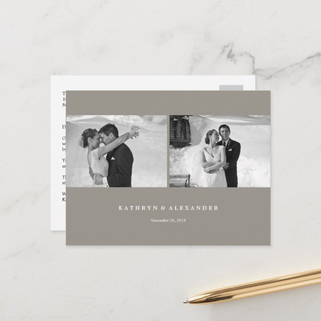 Simple Clean Grey Frame Wedding Thank You 2 Photo Postcard (Front/Back In Situ)
