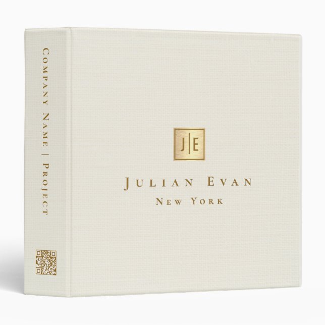 Simple Clean Ivory White Gold Qr code Monogram 3 Ring Binder (Front/Spine)